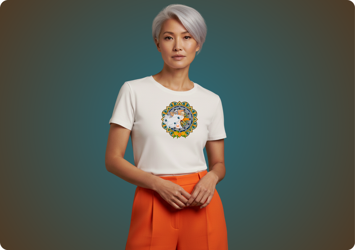 MULHER GRISALHA USANDO CAMISETA COM MANDALA ASTROLOGICA COM SIGNOS OG BY CRIS COLEÇÃO SOFI ORGULHO GRAY