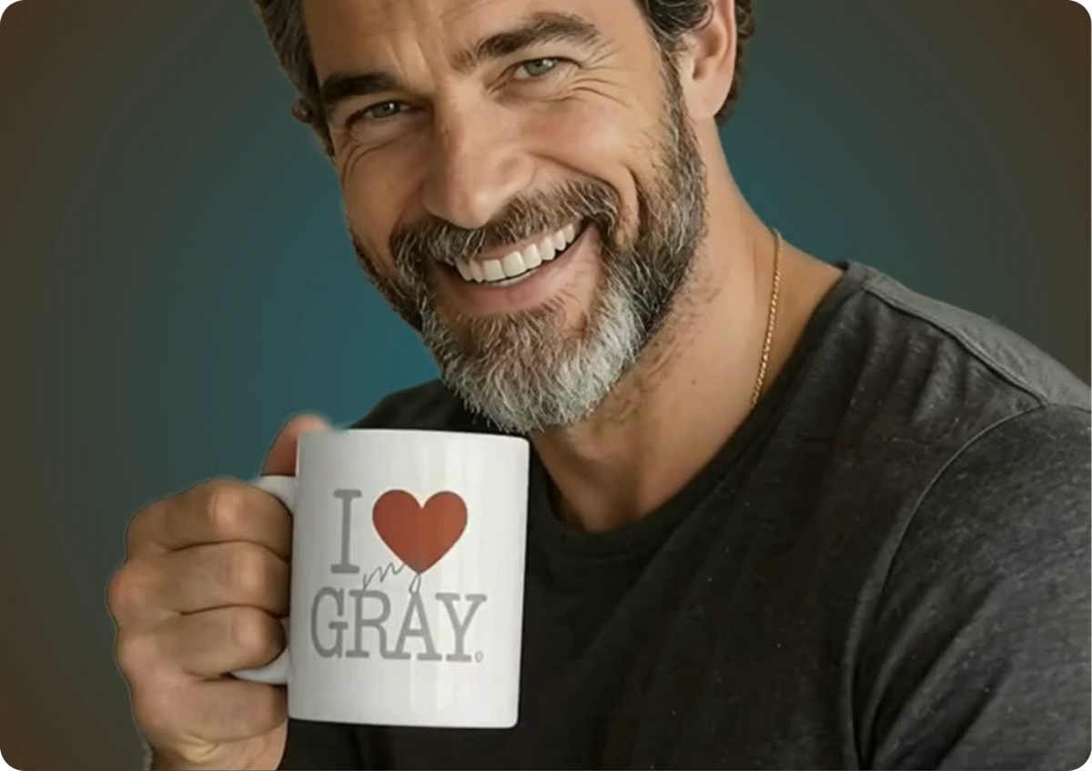 HOMEM COM CANECA COM DESIGN EXCLUSIVO PARA GRISALHAS DA MARCA ORGULHO GRAY I LOVE MY GRAY