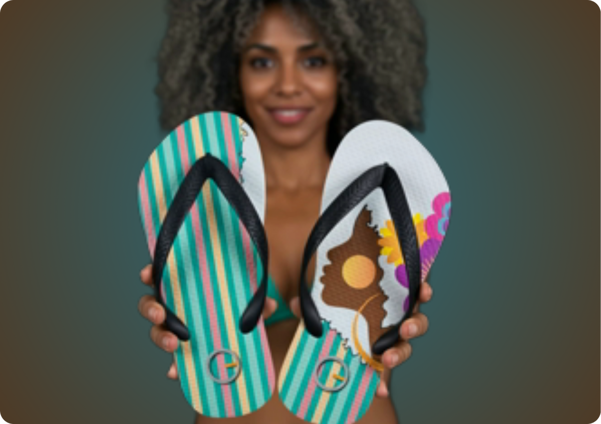 MULHER AFRO GRISALHA SEGURANDO OS CHINELOS DA COLEÇÃO OLI COM DESIGN EXCLUSIVO COM UMA MULHER NEGRA GRISALHA, LISTRAS E FLORES DA MARCA ORGULHO GRAY