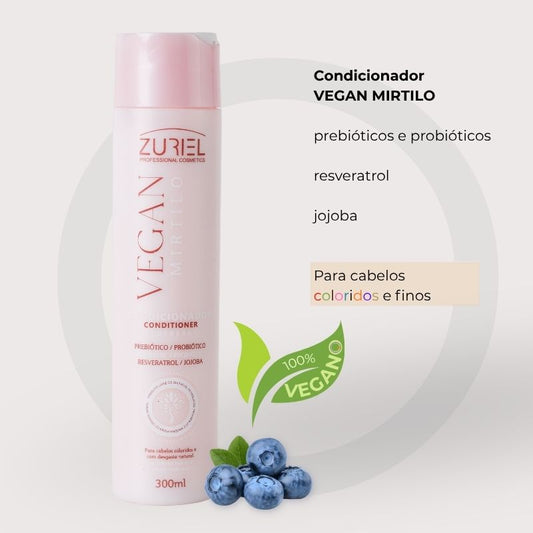 Frasco de Condicionador Vegan MIRTILO 100% Vegano para cabelos coloridos e finos com probióticos e prebióticos, resveratrol e jojoba 300ml na loja Orgulho Gray.