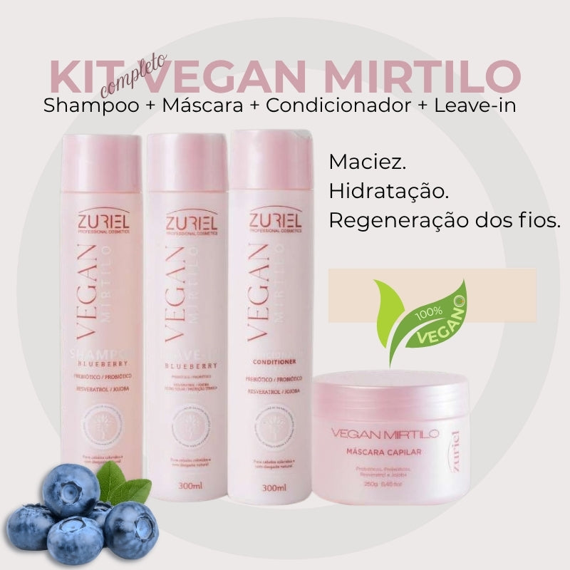 Kit completo com frascos de shampoo, condicionador, leave-in e pote de máscara capilar 100% veganos Vegan Mirtilo Zuriel Orgulho Gray. Regeneração dos fios, Hidratação, maciez. 