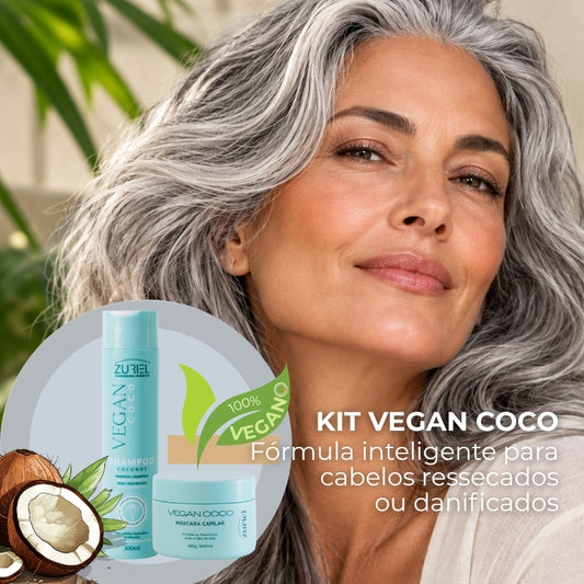 Grisalha com kit de shampoo e máscara capilar  100% veganos vegan coco da Zuriel Cosmetics. Fórmula inteligente para canelos ressecados ou danificados. 