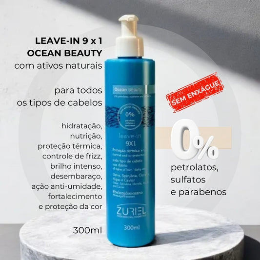 Frasco azul de Leave-In  9x1 sem enxágue Ocean Beauty  com 0% petrolatos, sulfatos e parabenos da marca Zuriel Cosmetics  para todos os tipos de cabelos . Hidratação, nutrição, proteção térmica, controle do frizz, brilho intenso, desembaraço. ação anti-umidade, fortaleciomento e proteção da cor. Na Orgulho Gray. 