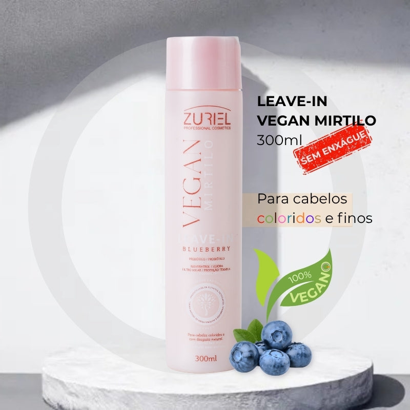 Frasco rosa de Leave-In sem enxágue Vegan Mirtilo para cabelos coloridos e finos com probióticos e prebióticos, proteção térmica, 300ml, produto 100% vegano.