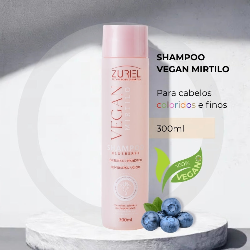 Frasco rosa do shampoo Vegan Mirtilo Zuriel 300 ml, com indicação para cabelos coloridos e finos e selo 100% vegano.