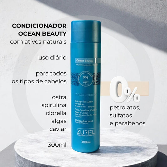 Frasco  300ml de Condicionador para todos os tipos de cabelos OCEAN BEAUTY com ativos naturais: ostra, spirulina, clorella, algas, caviar. 0% petrolatos, sulfatos e parabanenos. Disponível  na loja conceito Orgulho Gray.