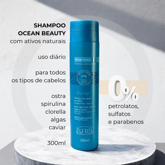 Frasco de shampoo OCEAN BEAUTY 300ml da Zuriel Cosmetics com ativos naturais uso diário para todos os tipos de cabelos. 0% petrolatos, sulfatos e parabenos, com ostra, spirulina, clorella, algas e caviar. Na Orgulho Gray.  